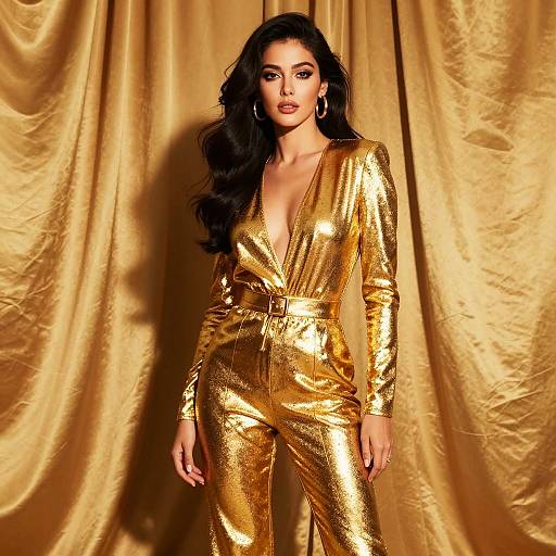 Glowing Woman in Metallic Gold Jumpsuit Against Gold Backdrop