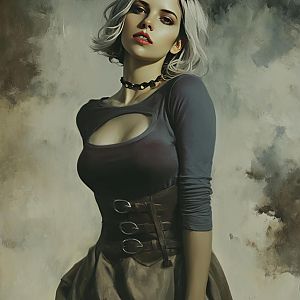 Edgy Portrait of Woman with Platinum Blonde Hair and Buckled Belt