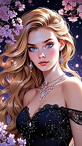 Glamorous Woman in Black Gown with Blossoms and Stars