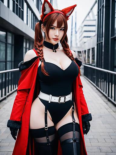 Angelina Arknights Cosplay Woman in Red Coat and Fox Ears Realistic Style
