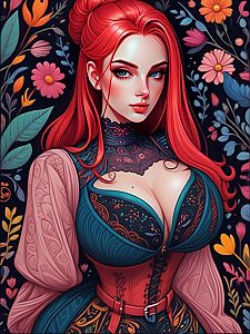 Elegant Woman with Red Hair in Floral Background