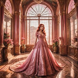Woman in Pink Ball Gown in Ornate Room