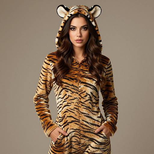 Woman Wearing Plush Tiger-Print Onesie with Hood and Ears