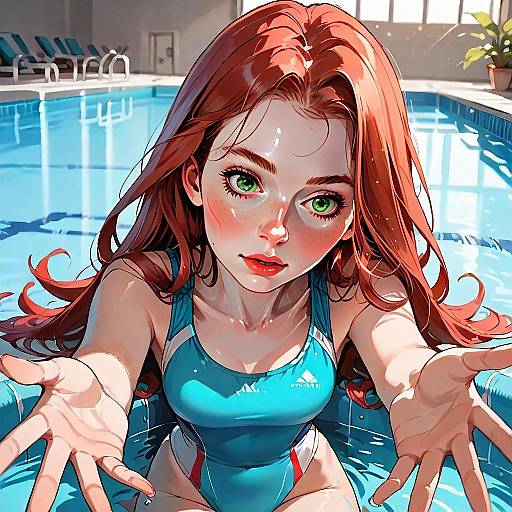 Digital Illustration of Red-Haired Woman in Swimming Pool