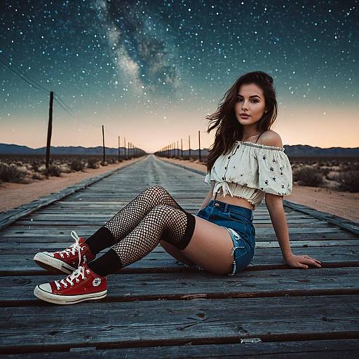 Stylish Woman Sitting on Desert Boardwalk Under Starry Night Sky