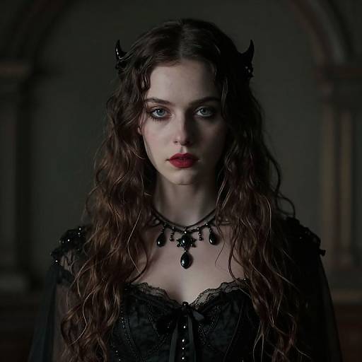 Gothic Woman Portrait in Black Lace Dress with Horns and Dark Jewelry