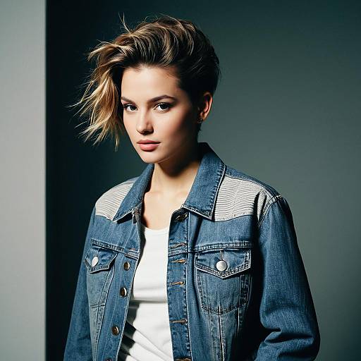 Portrait of Young Woman in Denim Jacket with Short Hair