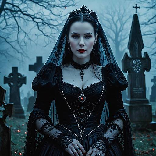Gothic Victorian Woman in Black Dress in Misty Graveyard