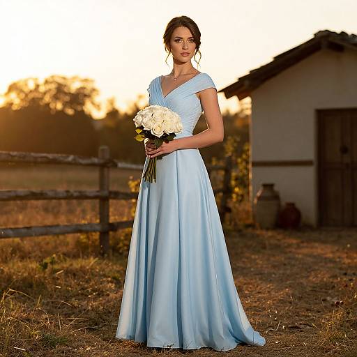Elegant Woman in Light Blue Gown Holding White Roses Outdoors at Sunset