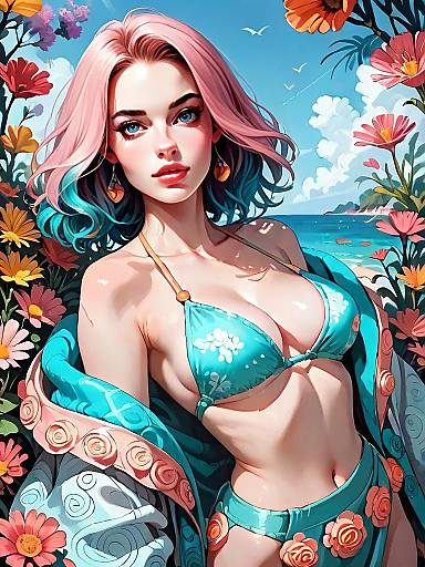 Woman in Intricate Floral Crochet Bikini Set with Pastel Pink and Teal Hair at Seaside Digital Art