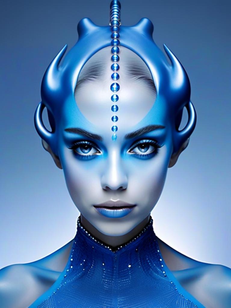 Futuristic Blue Alien Woman with Horned Headgear Digital Artwork