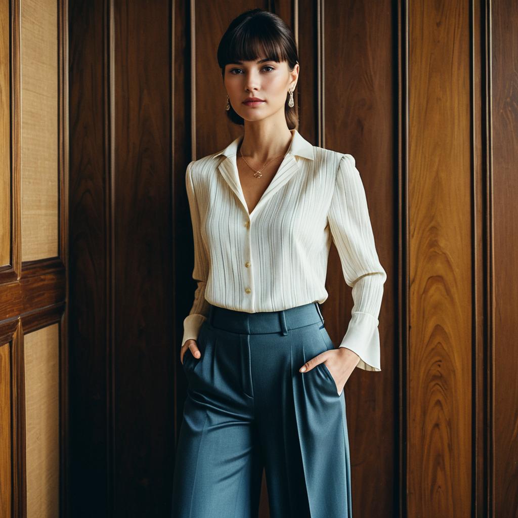 Elegant Woman in Ribbed Blouse and High-Waisted Trousers Standing by Wooden Wall