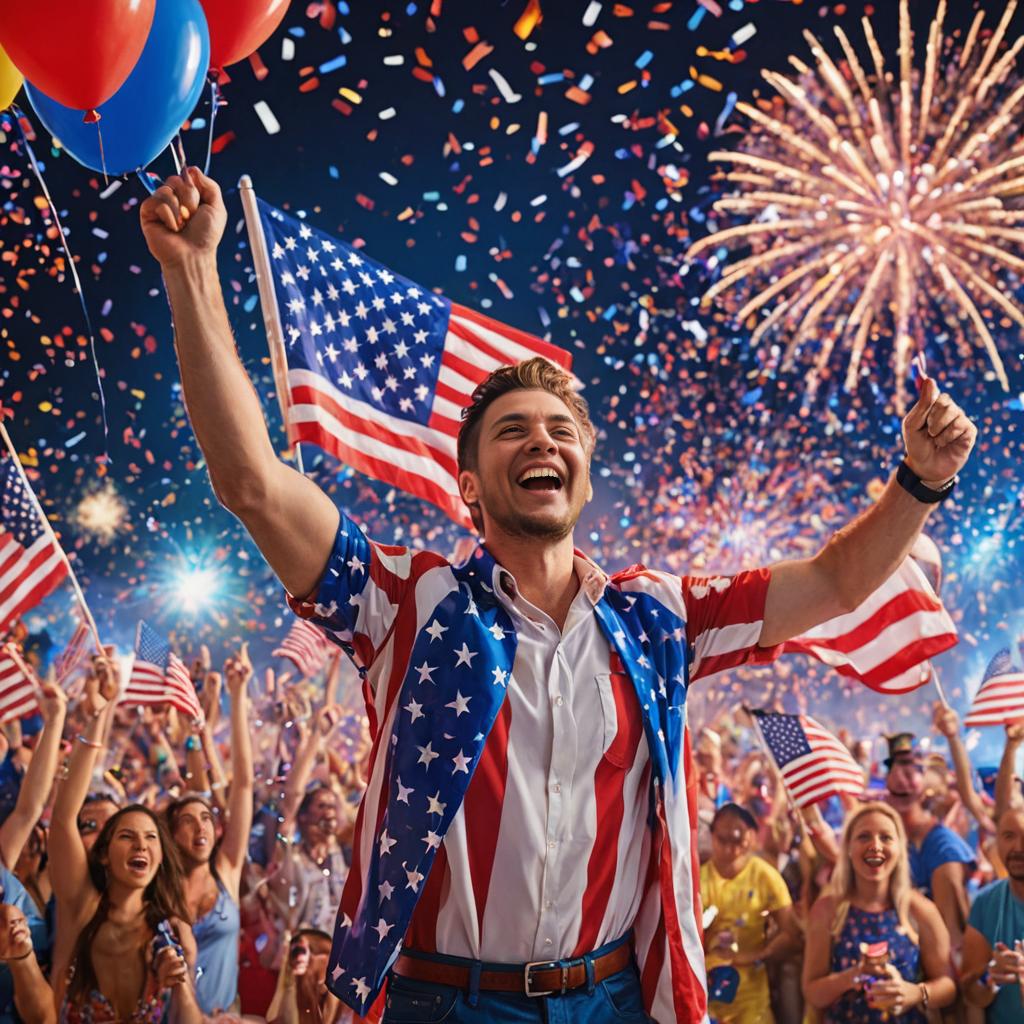 Man Celebrates 4th of July with Fireworks and Flags