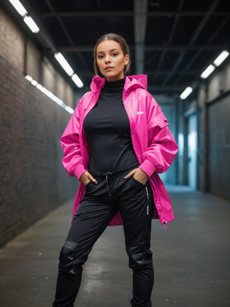 Confident Woman in Pink Sportswear in Industrial Corridor