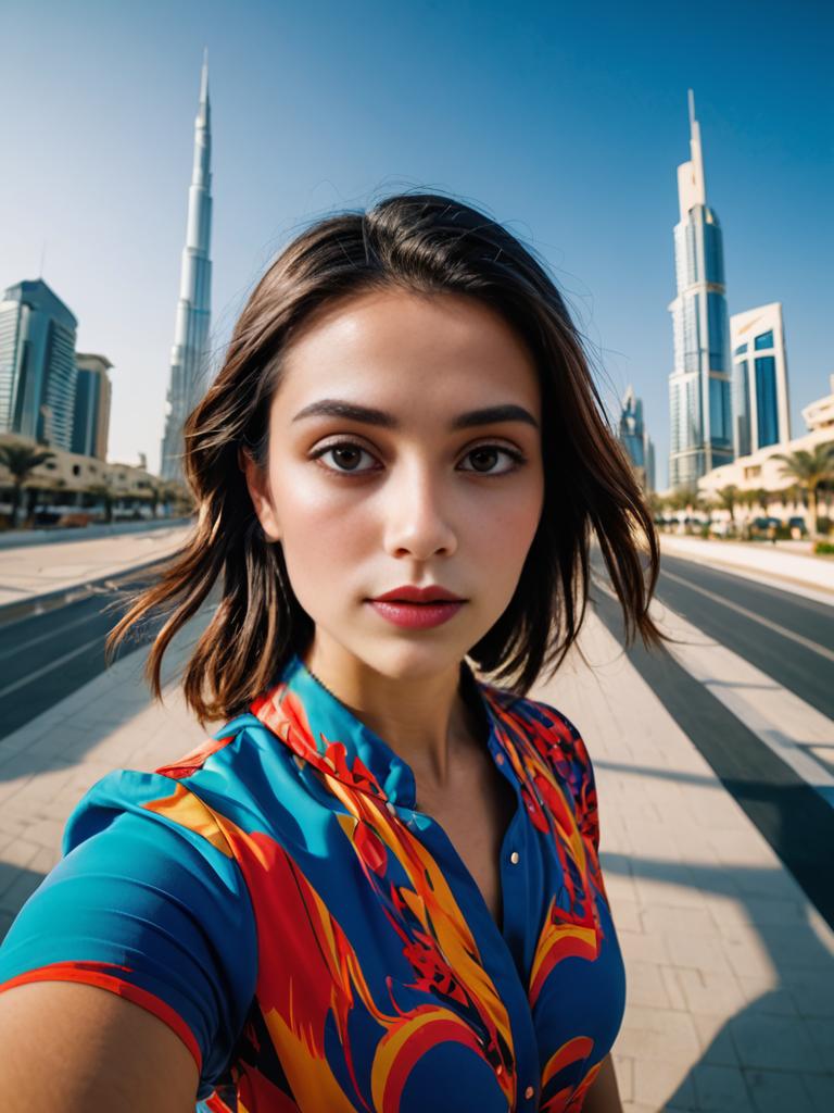 Woman Taking Selfie with Modern Skyline