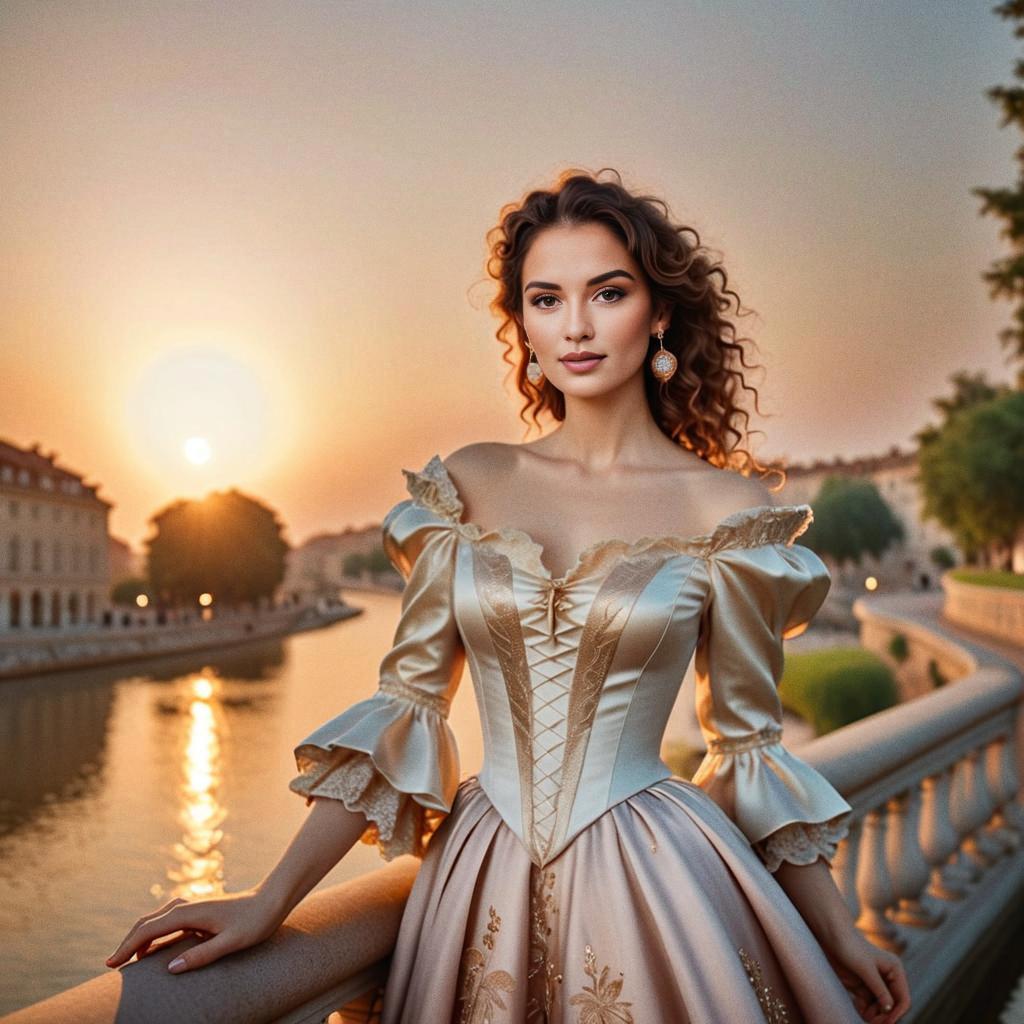 Woman in Golden Gown at Sunset