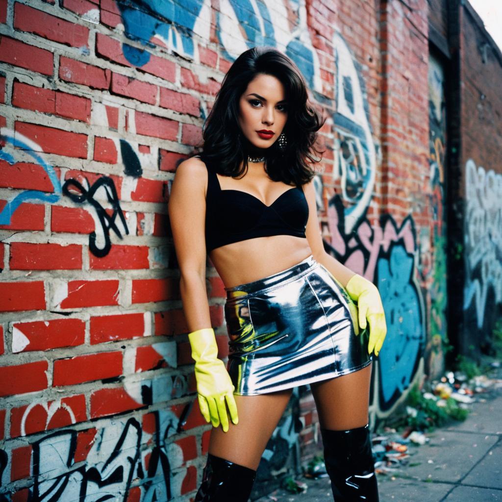 Edgy Urban Fashion Woman in Metallic Skirt and Yellow Gloves