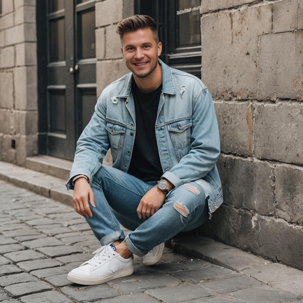 Smiling Man in Trendy Denim Jacket