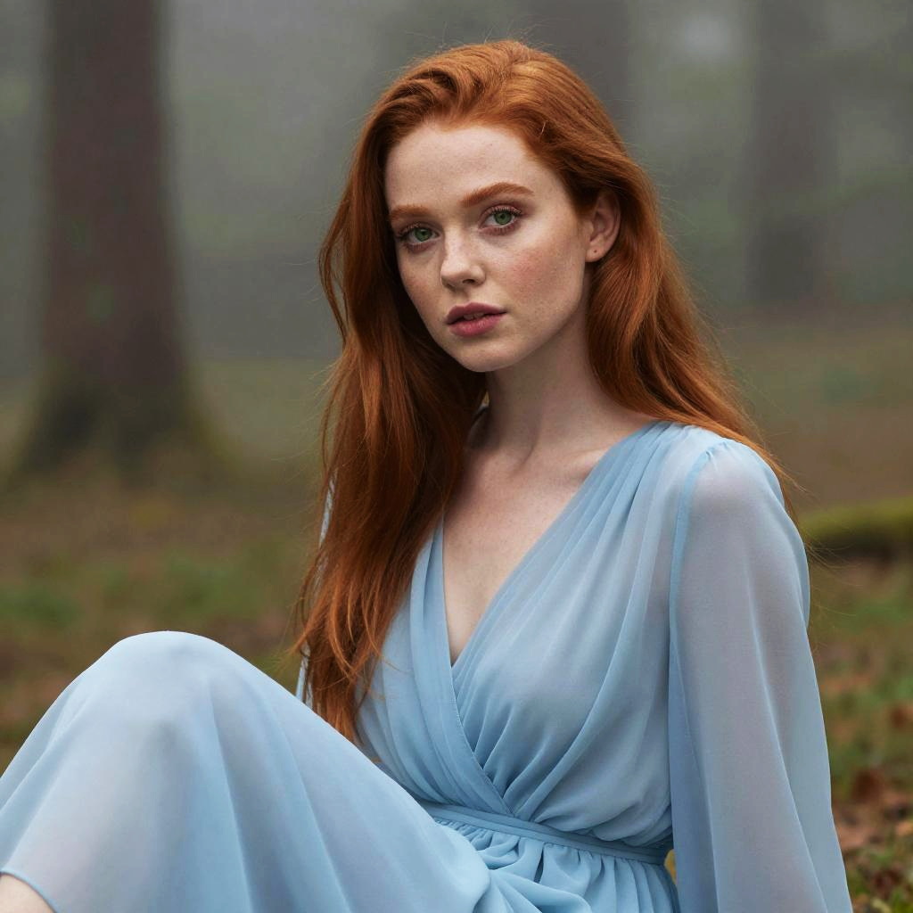 Portrait of Red-Haired Woman in Light Blue Dress Outdoors