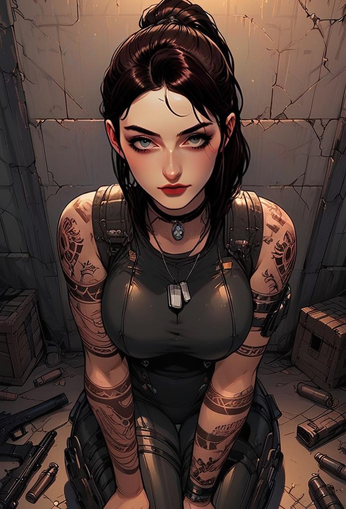 Digital Illustration of Fierce Tattooed Woman in Tactical Gear with Weapons