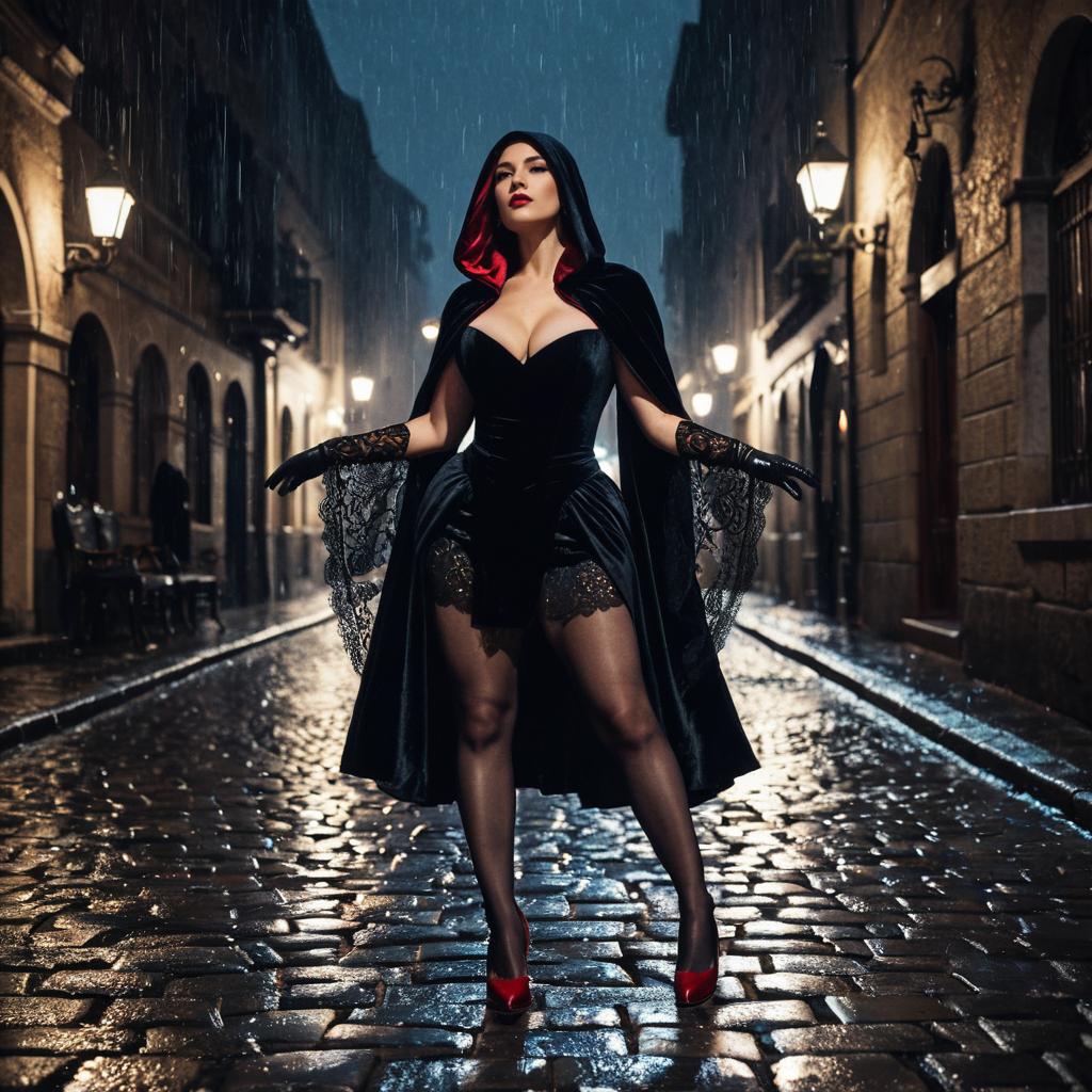 Stylish Woman in Black Velvet Hooded Cape on Rainy Cobblestone Street at Night