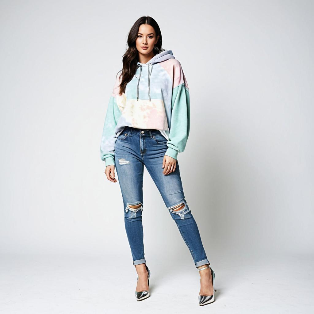Woman in Pastel Tie-Dye Hoodie with Ripped Skinny Jeans and Silver Heels