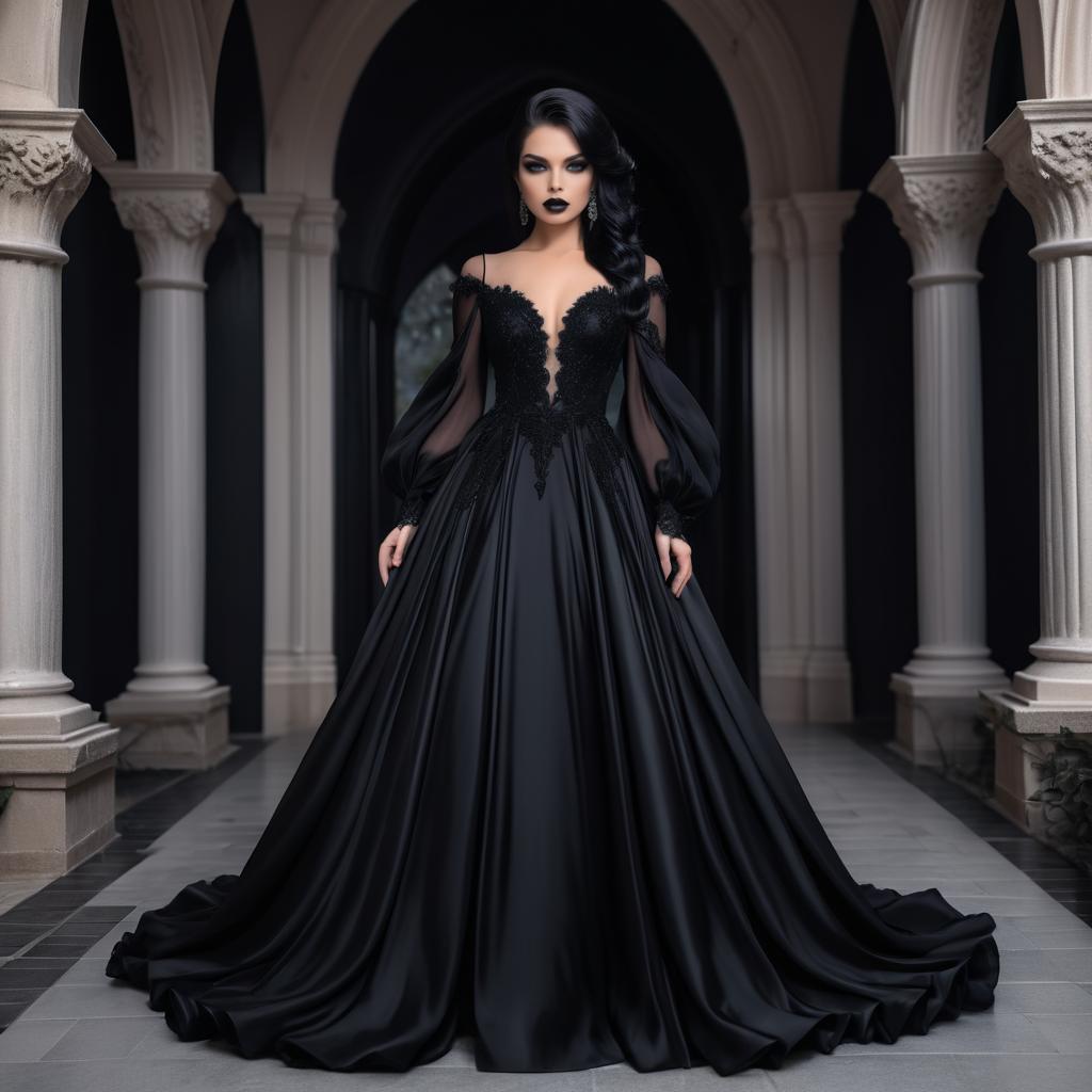 Elegant Woman in Black Gown in Grand Setting