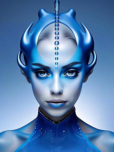 Futuristic Blue Alien Woman with Horned Headgear Digital Artwork