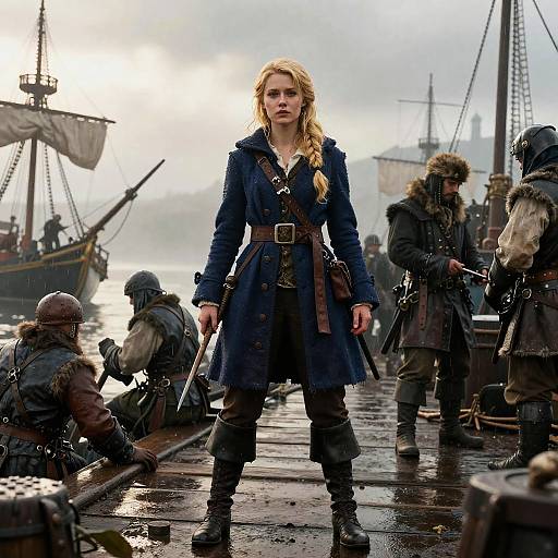 Young Woman Pirate Leader on Historic Dock with Crew and Ships