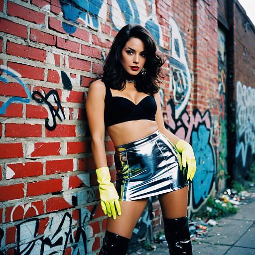 Edgy Urban Fashion Woman in Metallic Skirt and Yellow Gloves