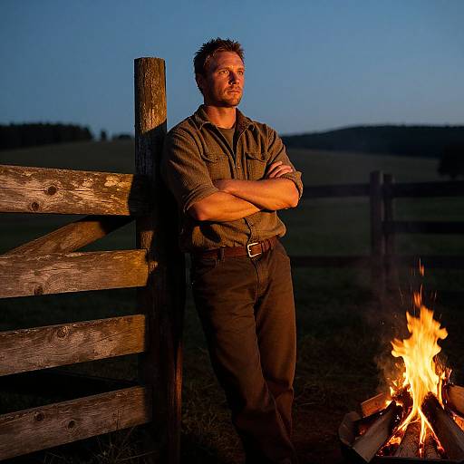 Man Leaning on Wooden Fence by Campfire at Dusk in Countryside
