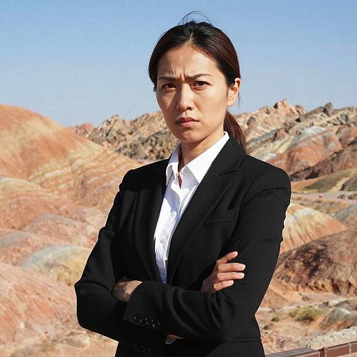 Professional Young Woman Standing Confidently at Colorful Rocky Landscape