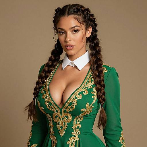 Elegant Woman in Green Dress with Gold Embroidery and Braided Hair