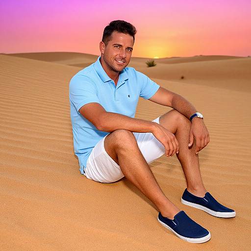 Man Sitting on Sand Dunes at Sunset in Desert Landscape