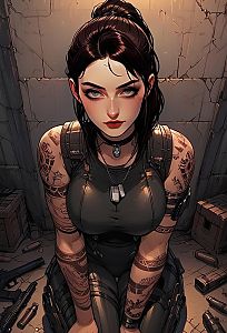 Digital Illustration of Fierce Tattooed Woman in Tactical Gear with Weapons