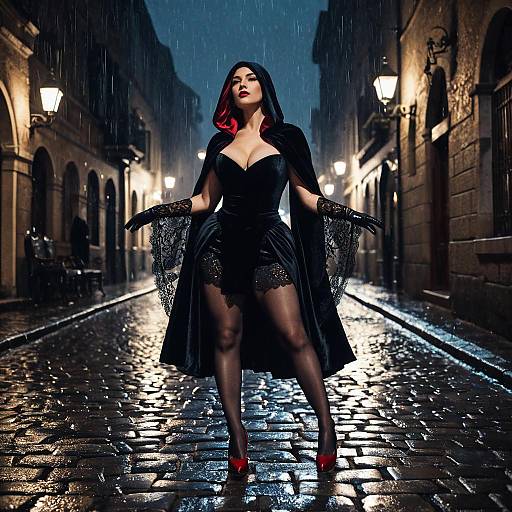 Stylish Woman in Black Velvet Hooded Cape on Rainy Cobblestone Street at Night