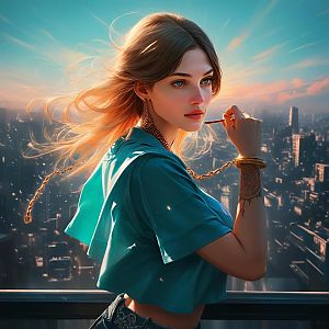 Young woman on balcony at sunset