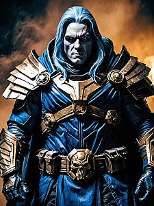 Man Cosplay Wearing Apocalypse Costume with Blue Hair and Gold Armor