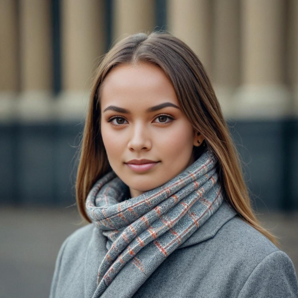 Young Woman in Grey Coat with Checkered Scarf