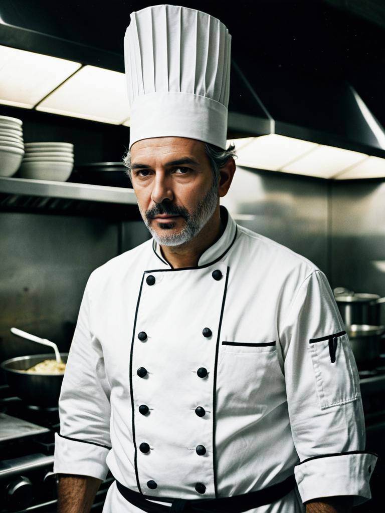 Man in Chef Costume Cinematic Realism Portrait in Professional Kitchen