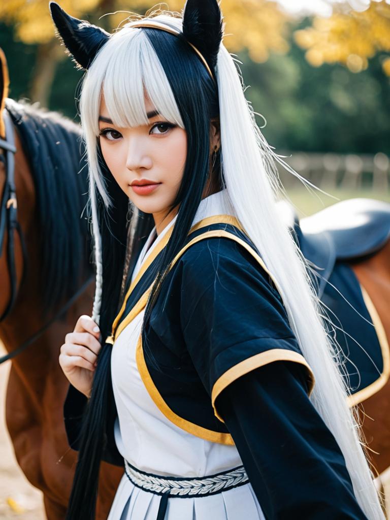 Realistic Umamusume Cosplay with Black and White Hair and Horse Companion