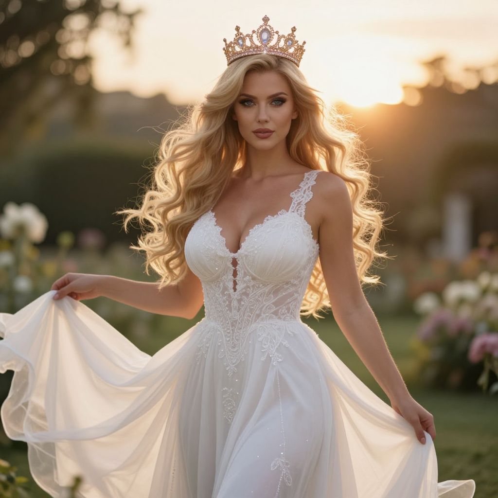 Elegant Blonde Woman in White Wedding Dress with Crown at Sunset