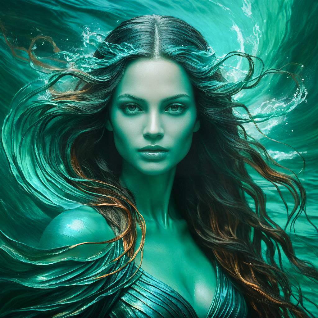 Mystical Woman in Teal Underwater Scene