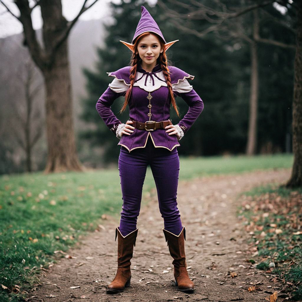 Young Woman in Purple Elf Costume Outdoors