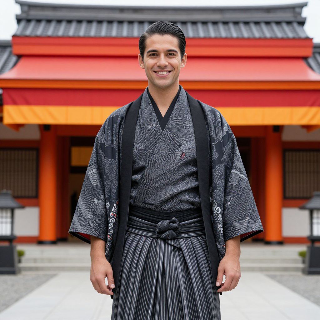 Man in Traditional Kimono in Front of Japanese Temple