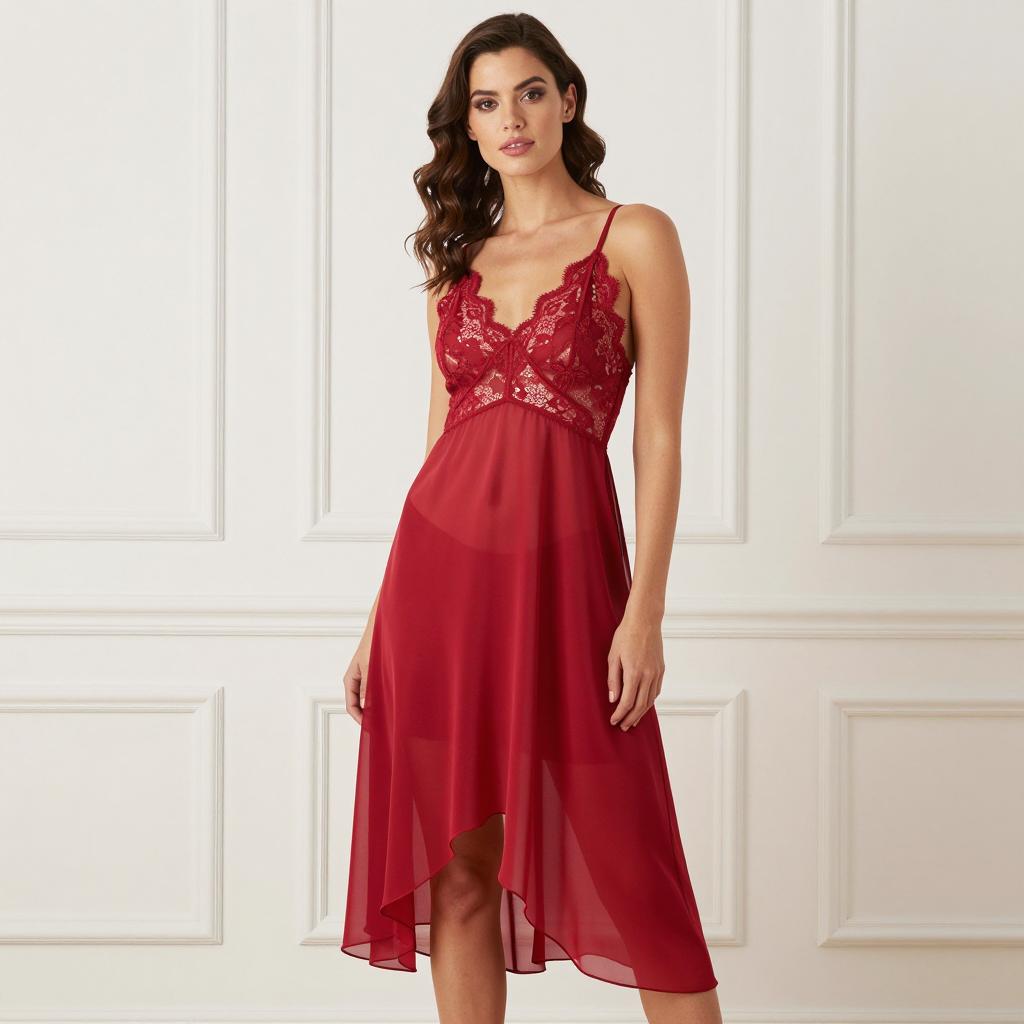 Elegant Red Lace Chiffon Nightdress with High-Low Hem