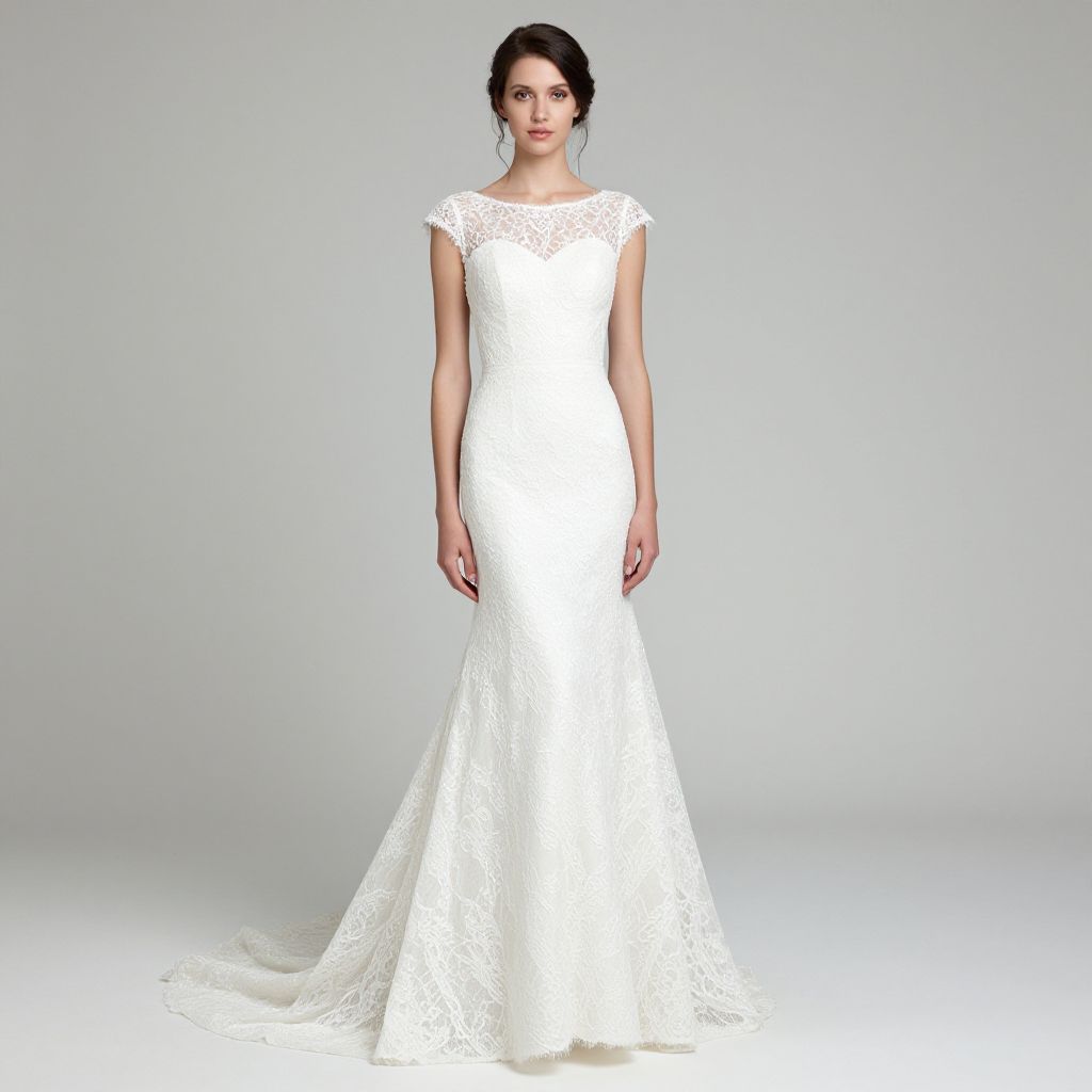 Elegant White Lace Wedding Dress with Sheer Neckline