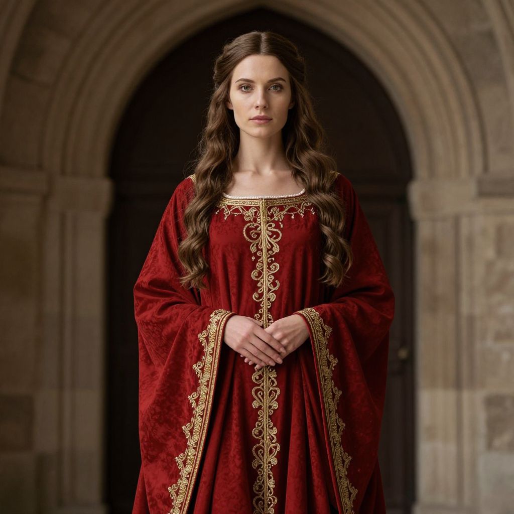 Medieval Woman in Red Embroidered Dress Standing in Stone Archway