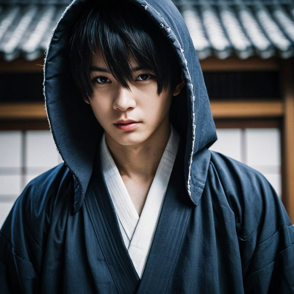 Young Man in Hooded Garment with Classic Attire