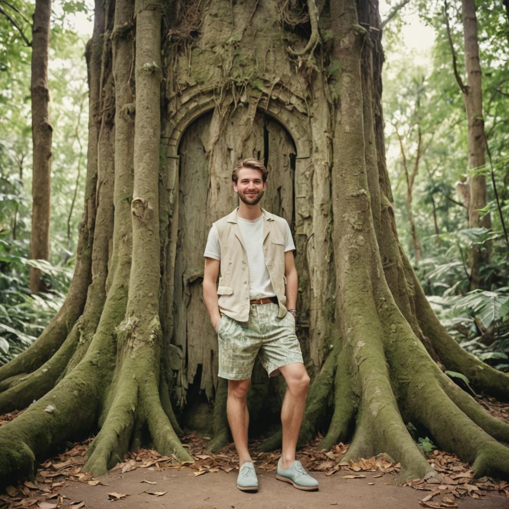 Confident Man by Ancient Tree with Natural Door